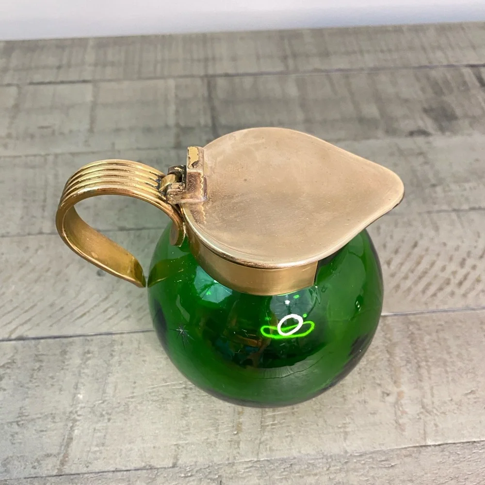 Vintage Emerald Glo Star Cut Green Glass Brass Pitcher Saucer National SilverCo